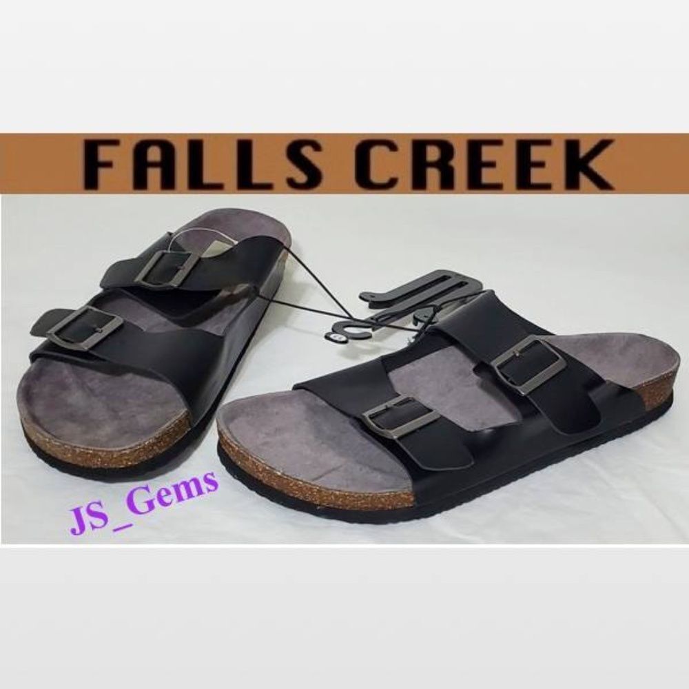 New Falls Creek Shoes Men Sandals Black Buckle Slip On Cork Slides NWT